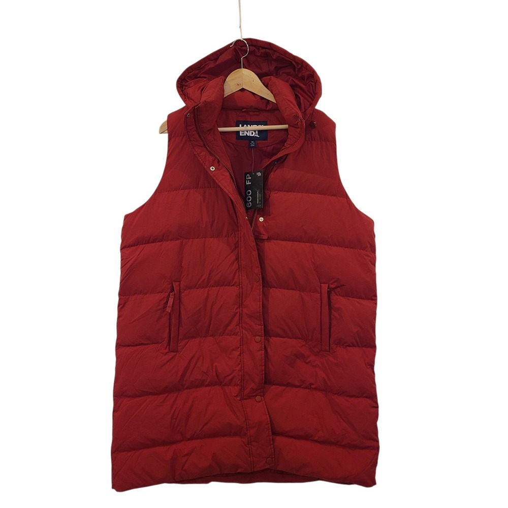 NEW Lands End Red 600 Fill Power Down Puffer Vest Hooded Plus Size 1X 16W-18W